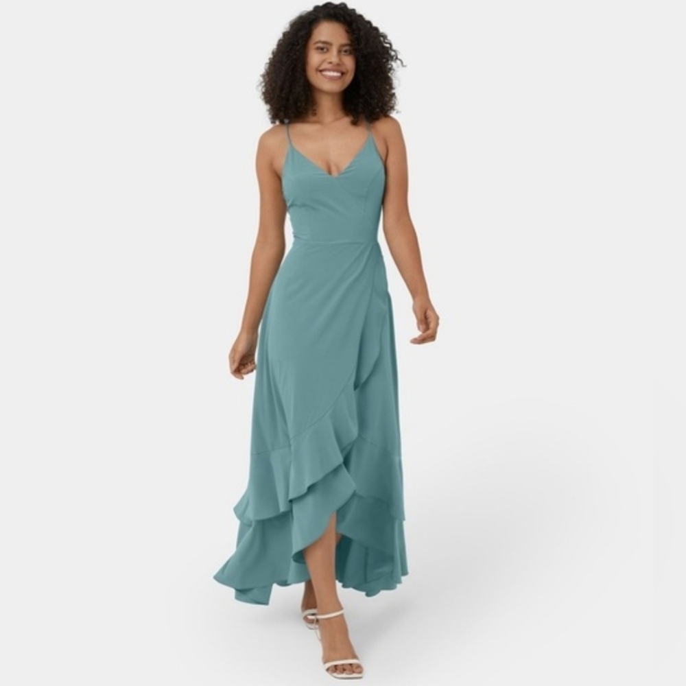 HALARA Teal High-Low Ruffle Slip Dress